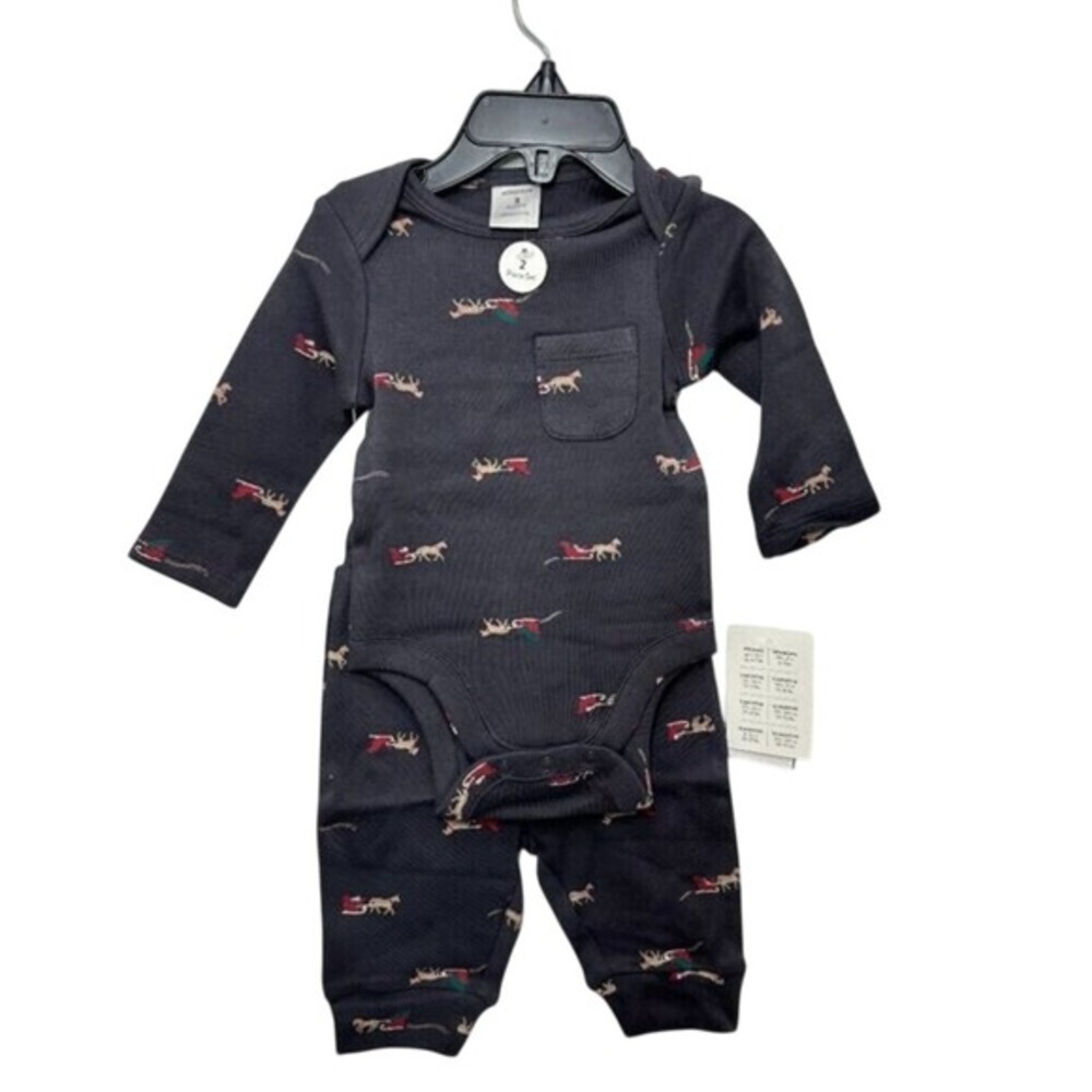Nordstrom Newborn Baby 100% Cotton Holiday 2 Piece Set‎ Navy Blue Santa Sleigh